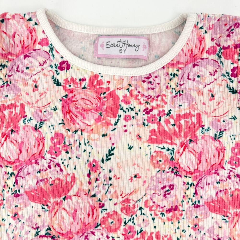 Sweethoney Floral Ribbed Short Sleeve Shirt Top 6 Y - Picture 2 of 6